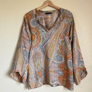 Zara Woman Paisley Print V-Neck Tunic Blouse Orange Blue Size M